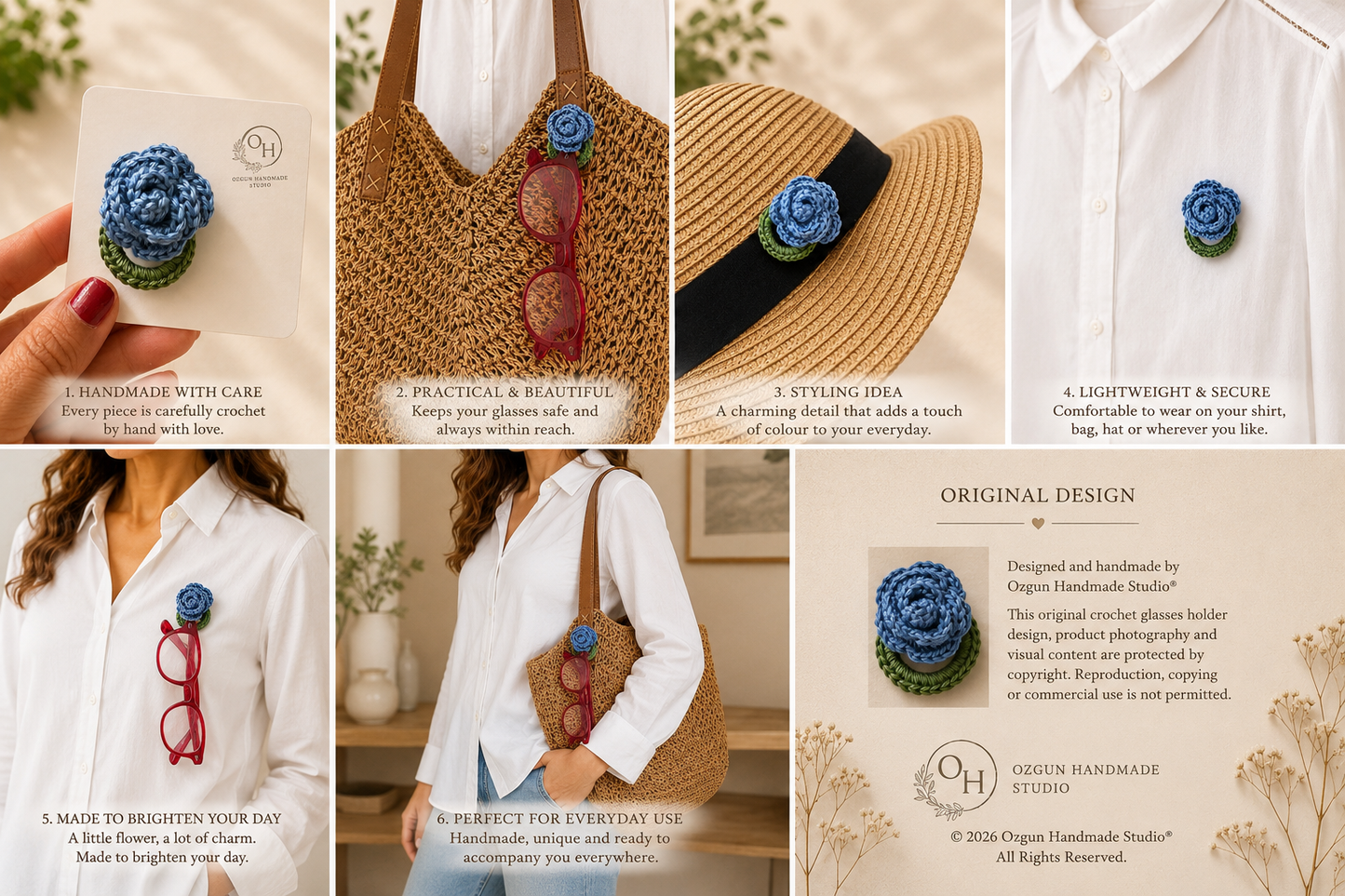 Crochet Rose Eye Glasses Holder Brooch – Hidden Loop Floral Eyeglass Holder