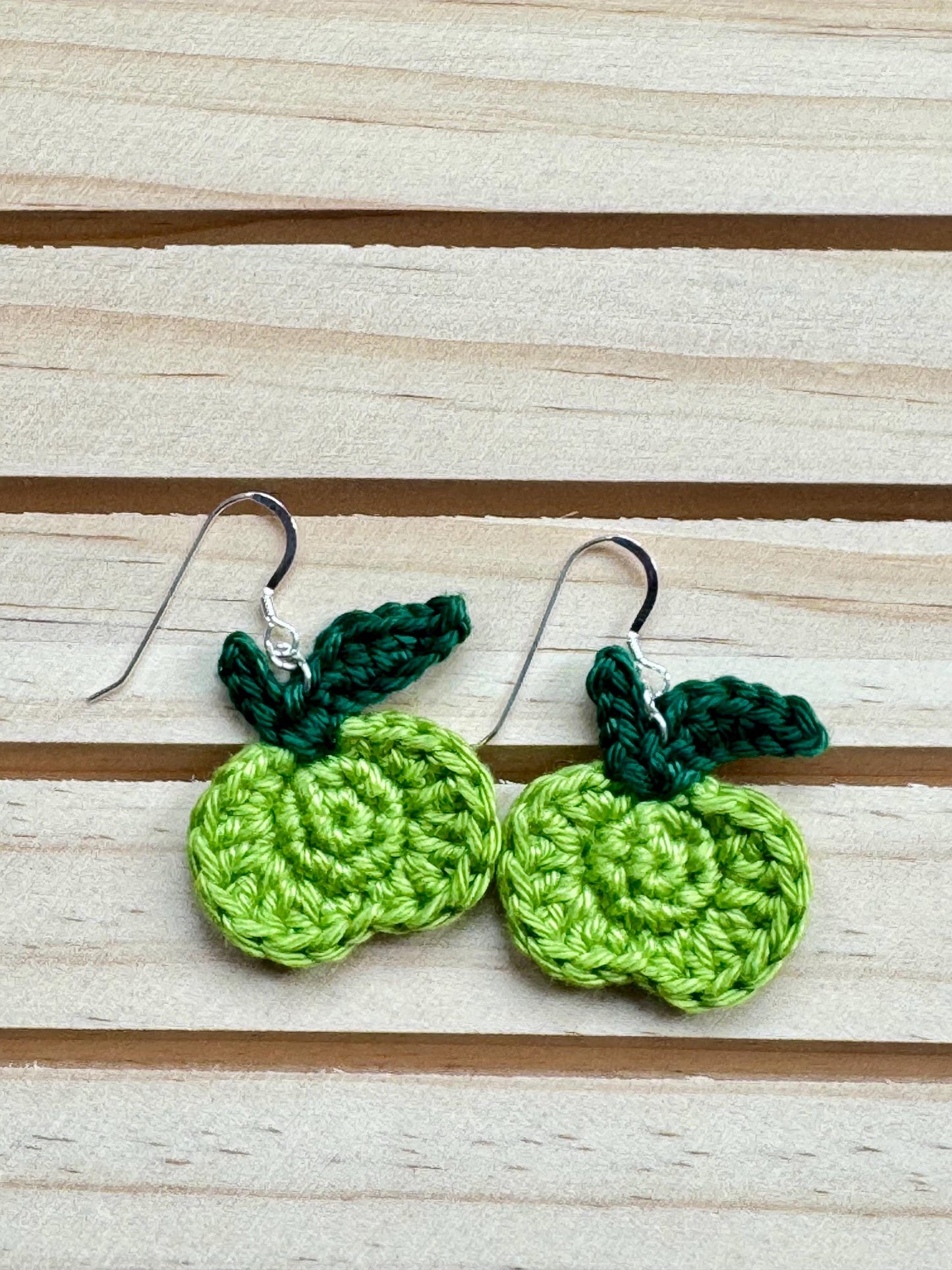 Crochet Apple Earrings - sterling silver hooks