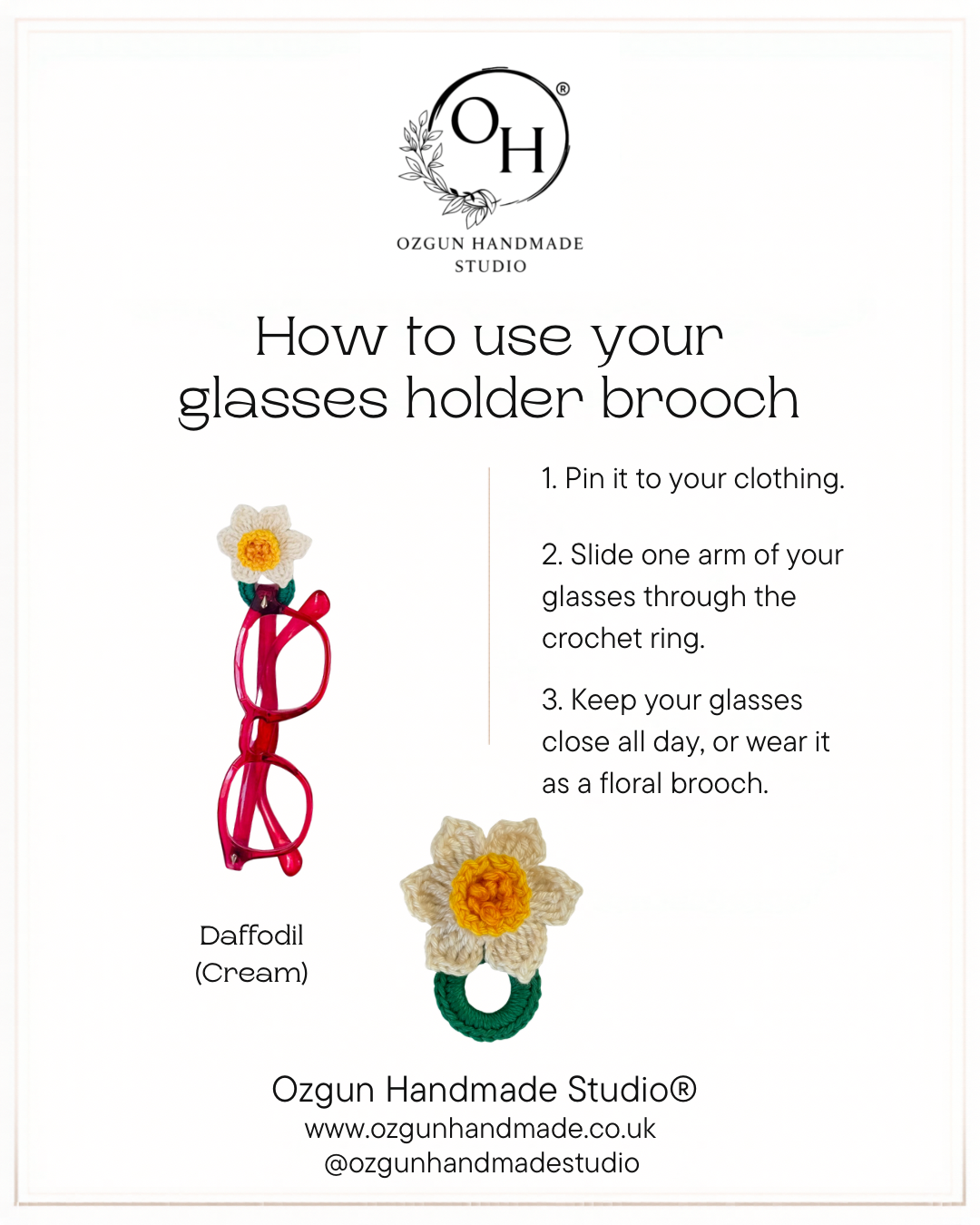Crochet Daffodil Glasses Holder Brooch, Floral Eyeglasses Pin, Choose Your Yellow Tone