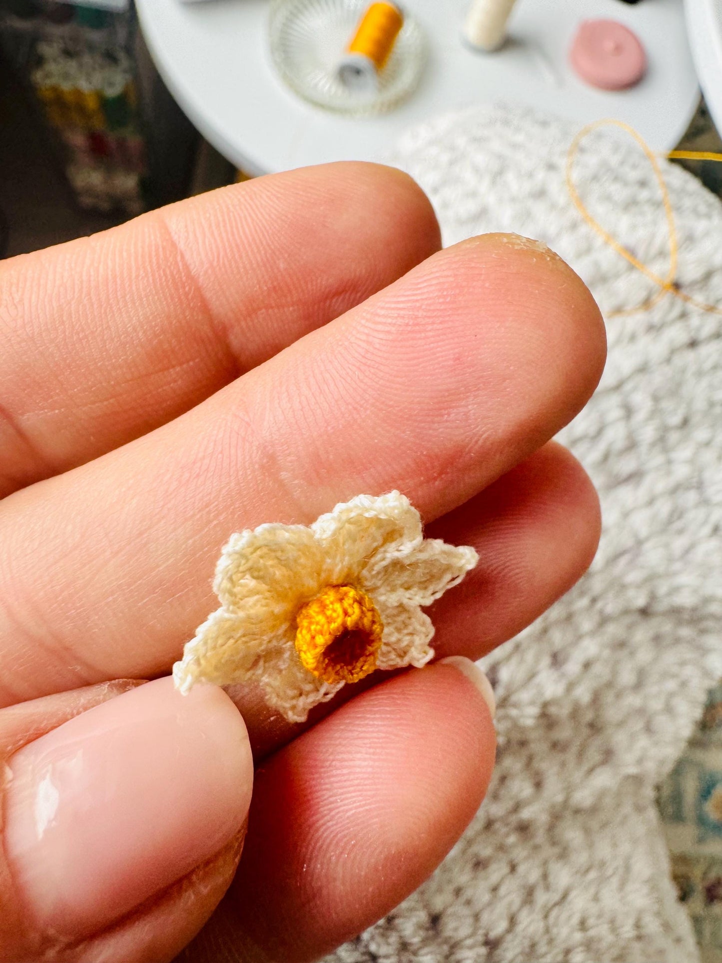 Micro Crochet Daffodil Earrings – 14ct Gold Filled Hooks