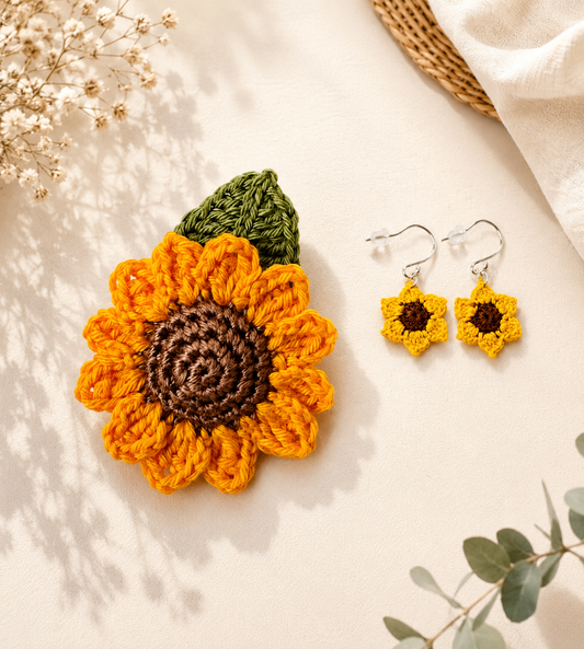 Sunflower Micro Crochet Earrings + Brooch Set