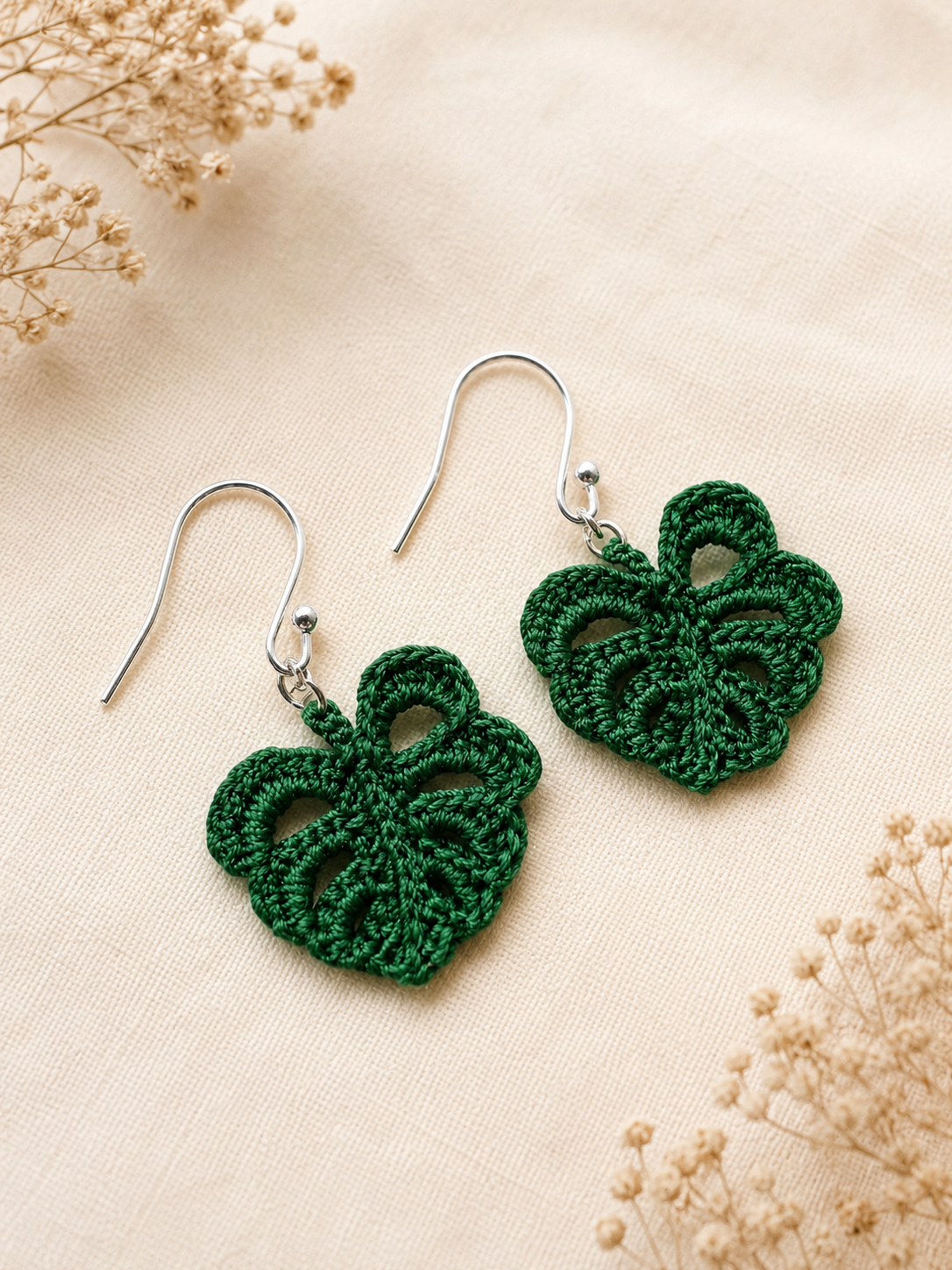 Monstera Leaf Micro Crochet Earrings – Botanical Crochet Jewellery – Sterling Silver Hooks