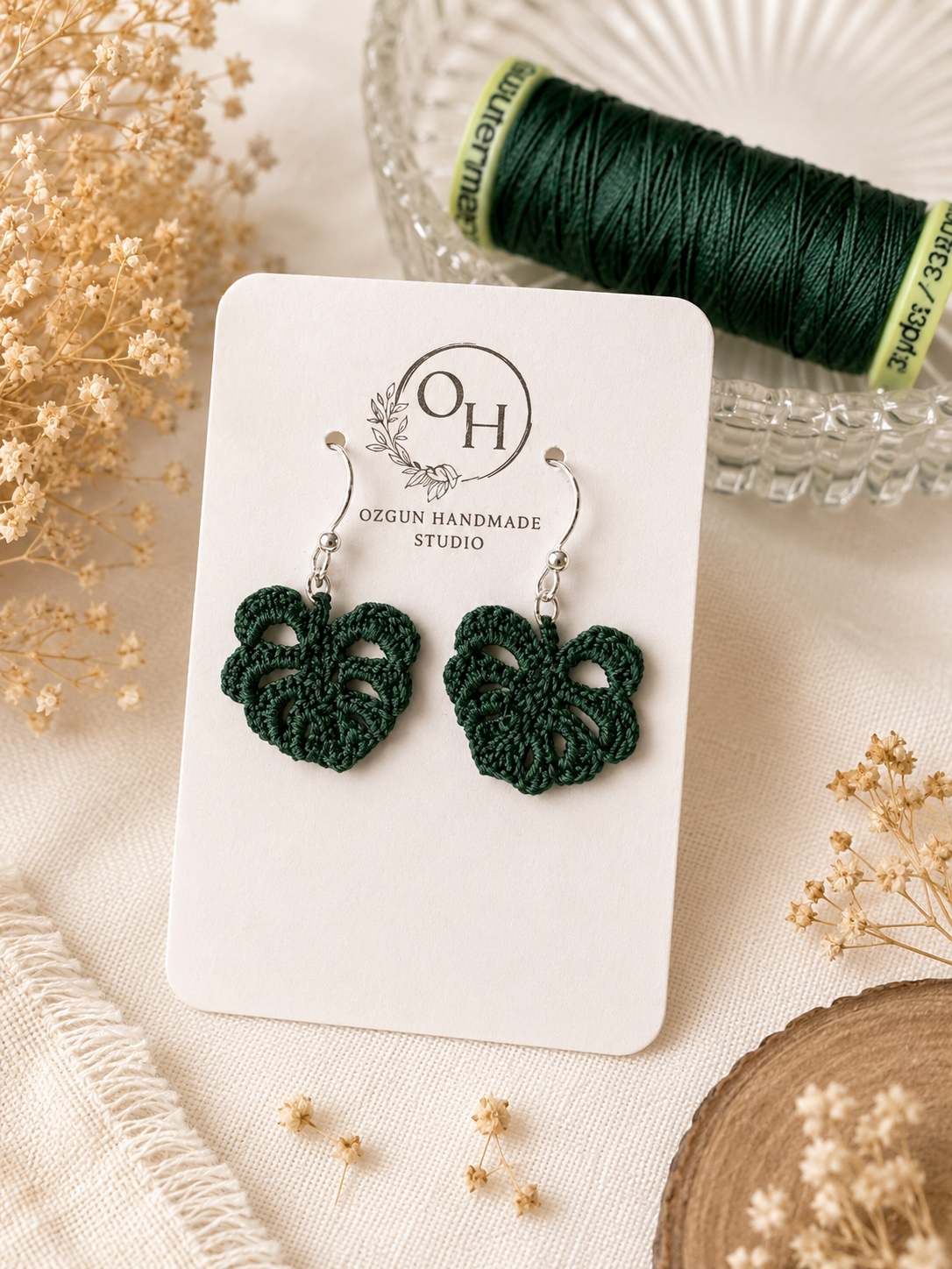 Monstera Leaf Micro Crochet Earrings – Botanical Crochet Jewellery – Sterling Silver Hooks