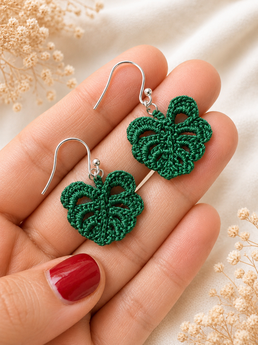 Monstera Leaf Micro Crochet Earrings – Botanical Crochet Jewellery – Sterling Silver Hooks