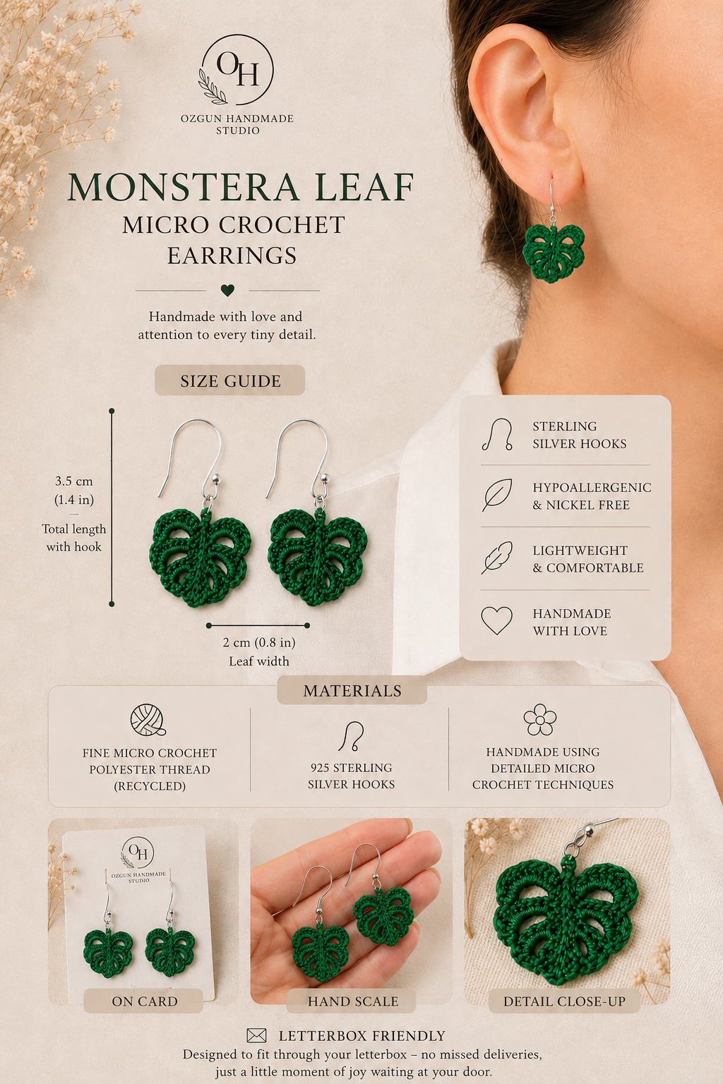 Monstera Leaf Micro Crochet Earrings – Botanical Crochet Jewellery – Sterling Silver Hooks