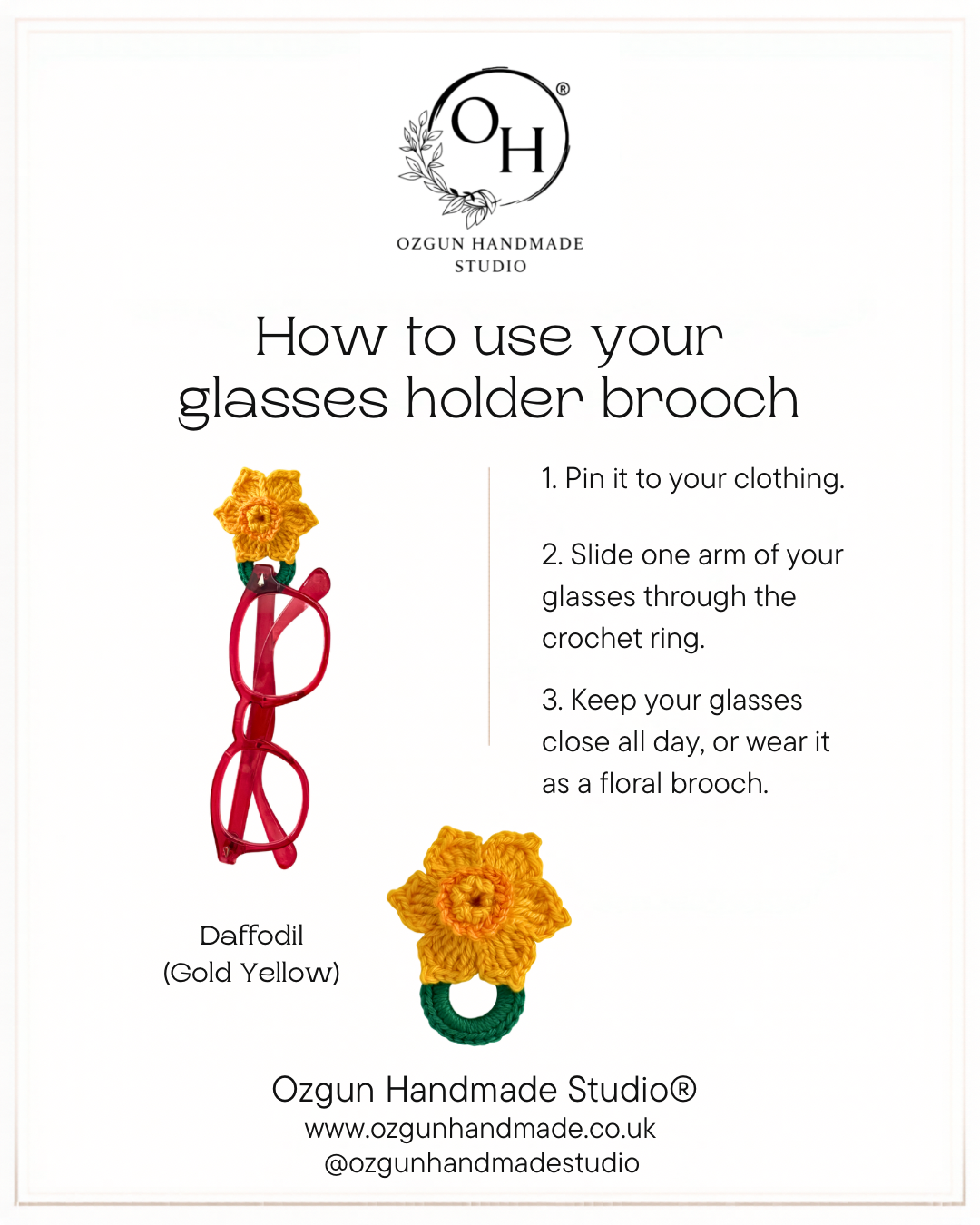 Crochet Daffodil Glasses Holder Brooch, Floral Eyeglasses Pin, Choose Your Yellow Tone