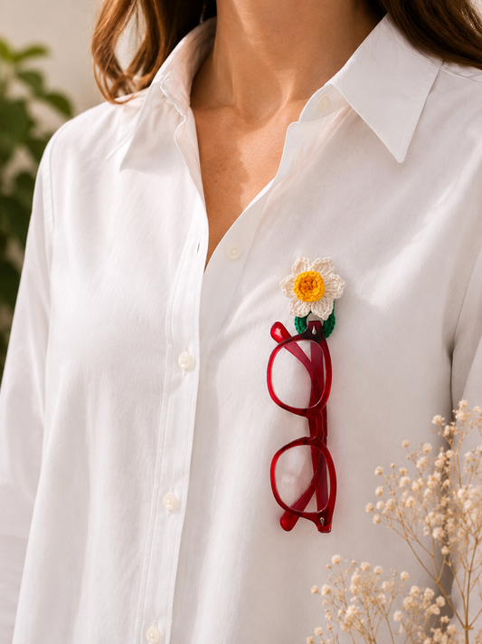 Crochet Daffodil Glasses Holder Brooch, Floral Eyeglasses Pin, Choose Your Yellow Tone