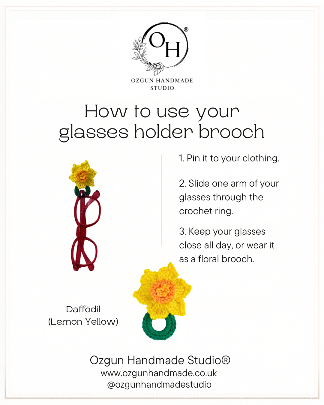 Crochet Daffodil Glasses Holder Brooch, Floral Eyeglasses Pin, Choose Your Yellow Tone