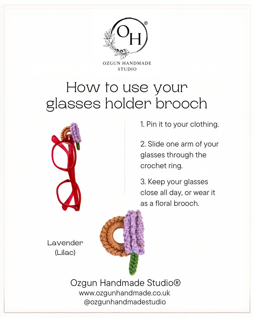 Crochet Lavender Glasses Holder Brooch, Floral Eyeglass Pin, Funcional Cotton Yarn Accessory