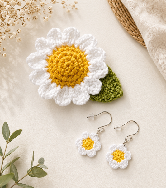 Daisy Micro Crochet Earrings + Brooch Set
