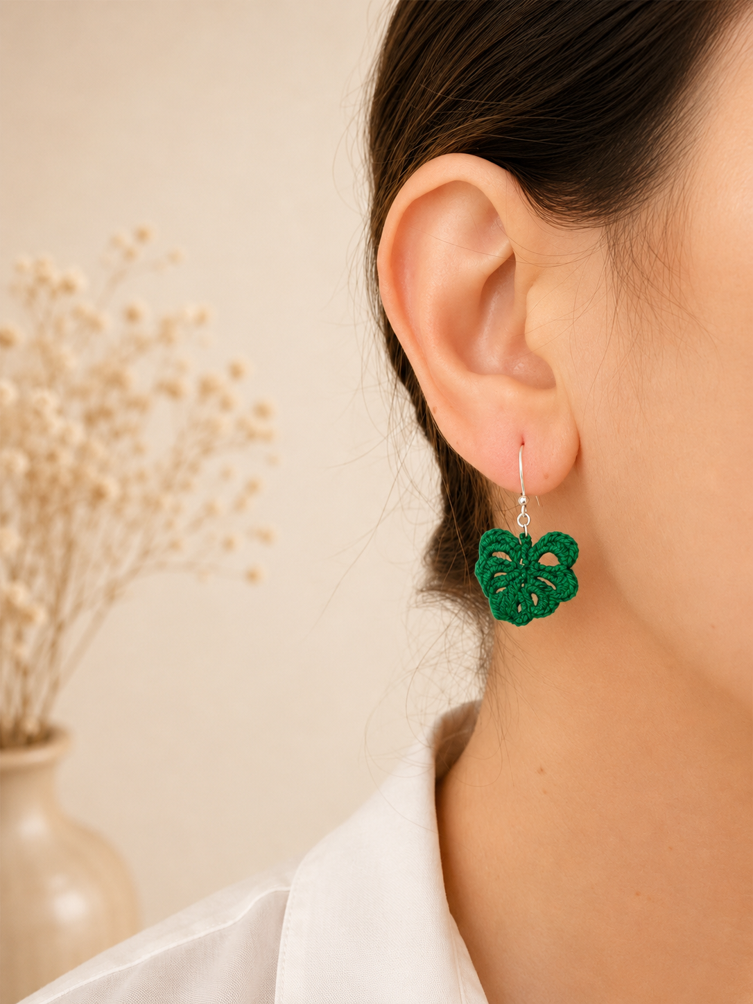 Monstera Leaf Micro Crochet Earrings – Botanical Crochet Jewellery – Sterling Silver Hooks