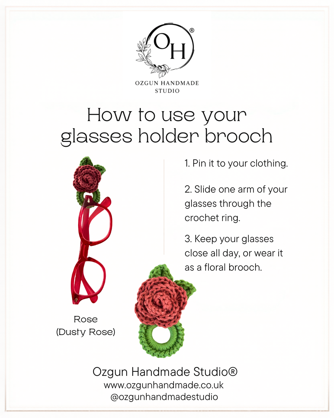 Crochet Rose Glasses Holder Brooch, Floral Eyeglasses Pin, Cotton Yarn, Handmade Accessory