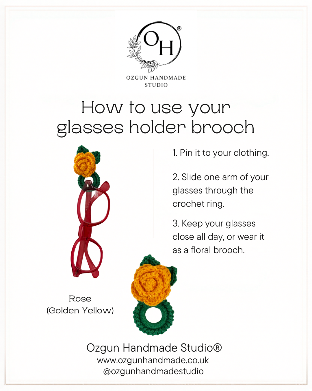Crochet Rose Glasses Holder Brooch, Floral Eyeglasses Pin, Cotton Yarn, Handmade Accessory