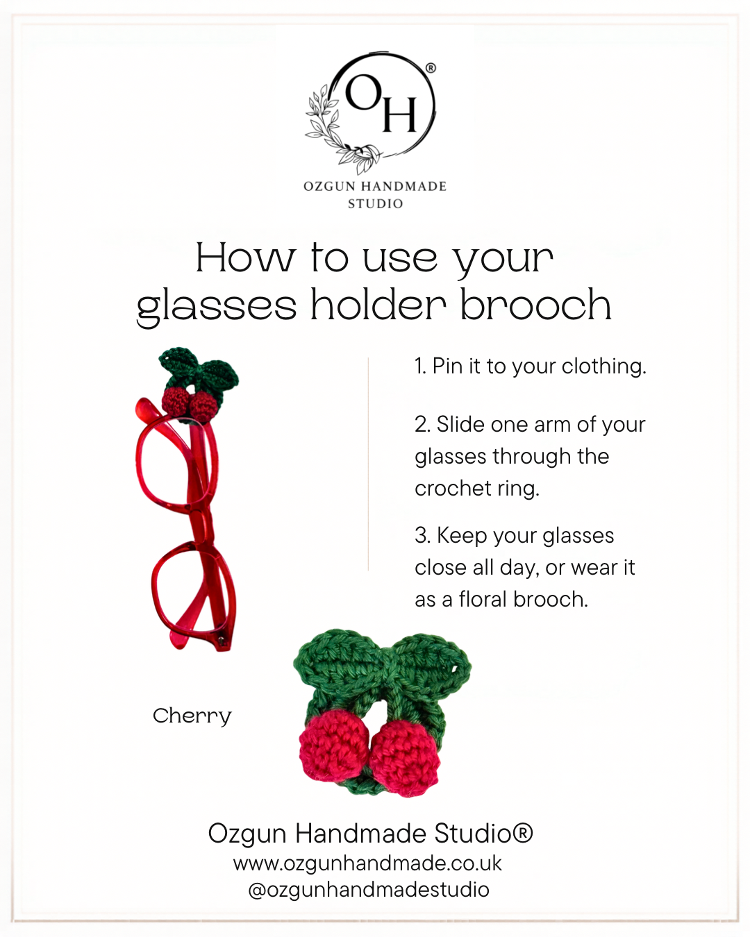 Crochet Cherry Glasses Holder Brooch, Handmade Eyeglass Pin Accessory, Mercerized Cotton Yarn