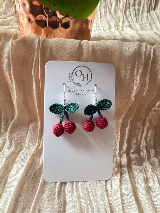 Cherry Micro Crochet Earrings – Sterling Silver Hooks
