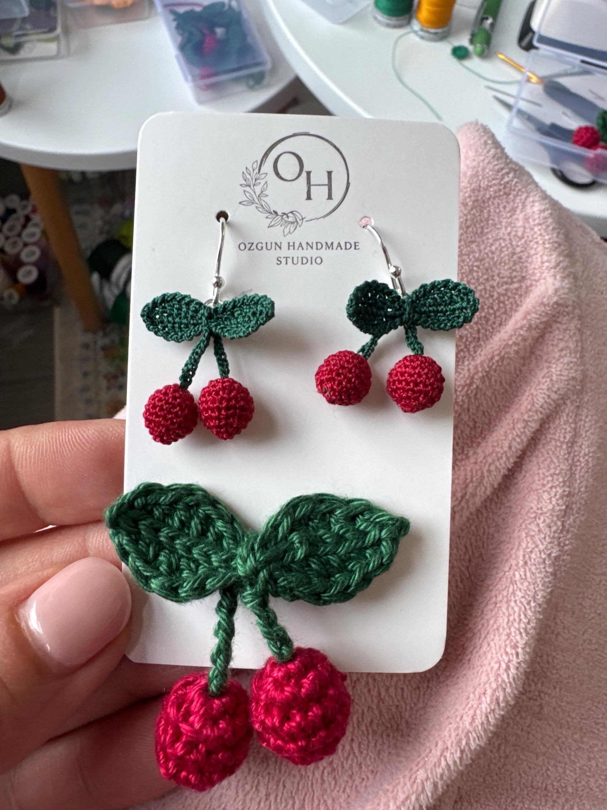 Cherry Micro Crochet Earrings – Sterling Silver Hooks