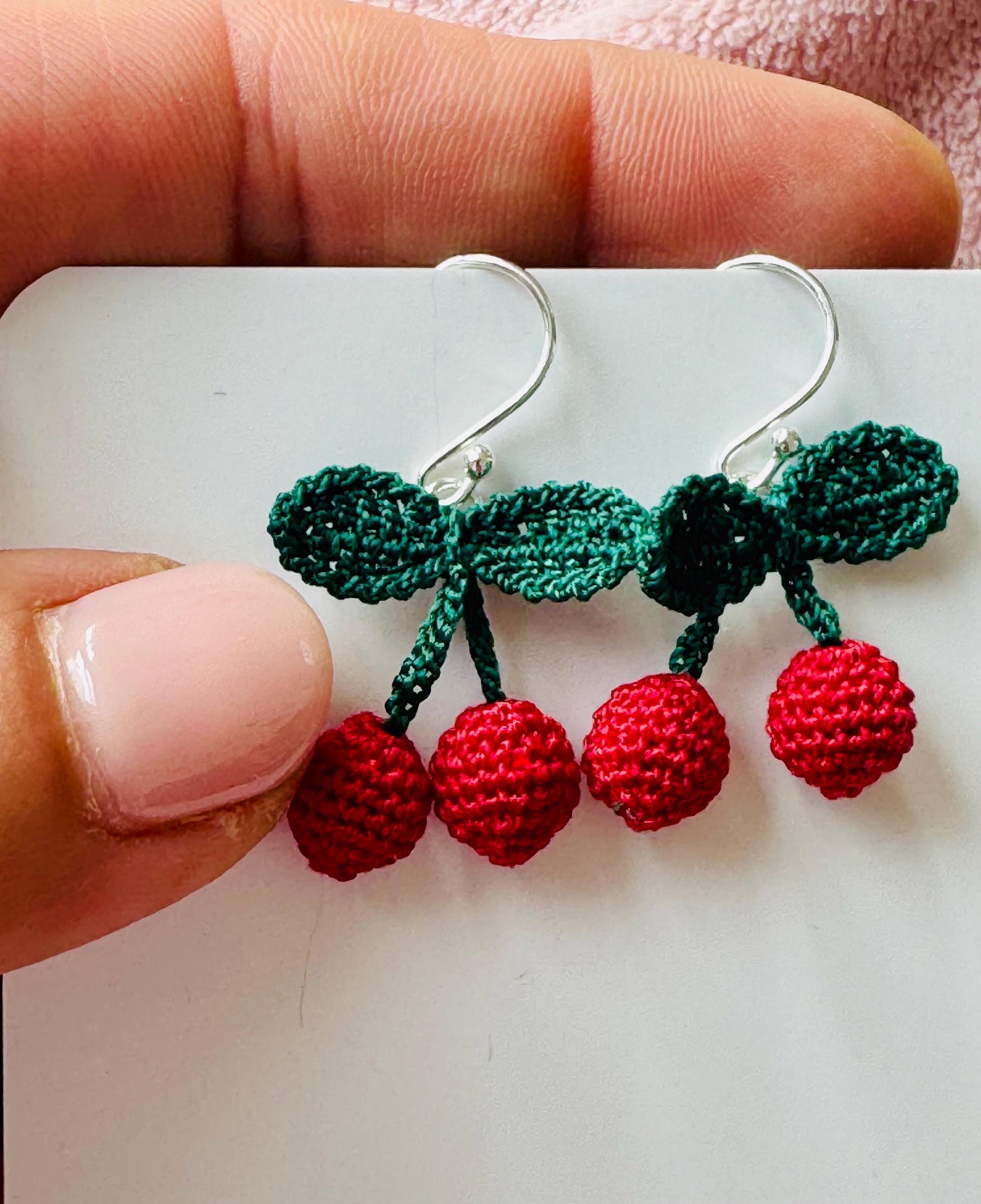 Cherry Micro Crochet Earrings – Sterling Silver Hooks