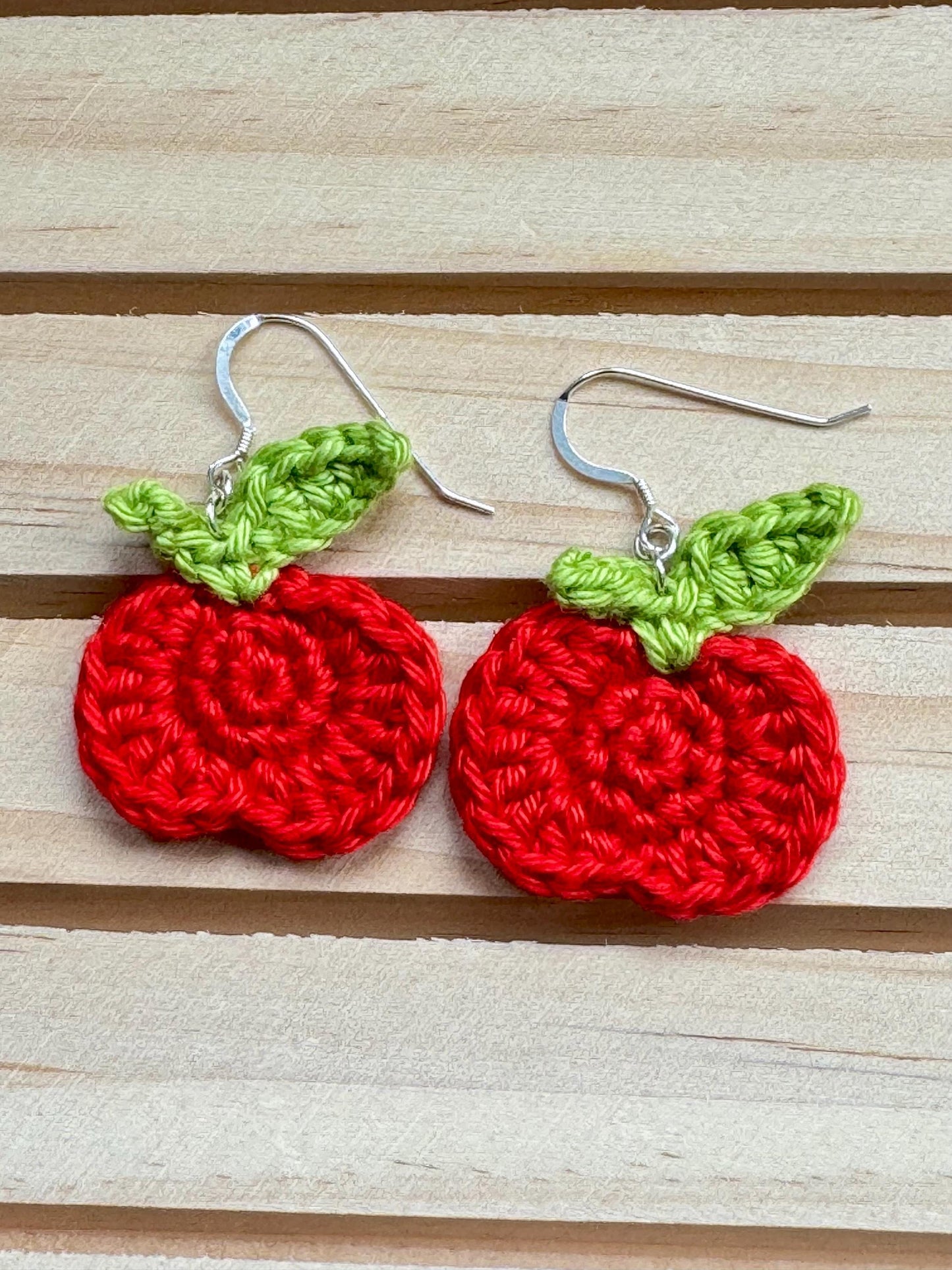 Crochet Apple Earrings - sterling silver hooks