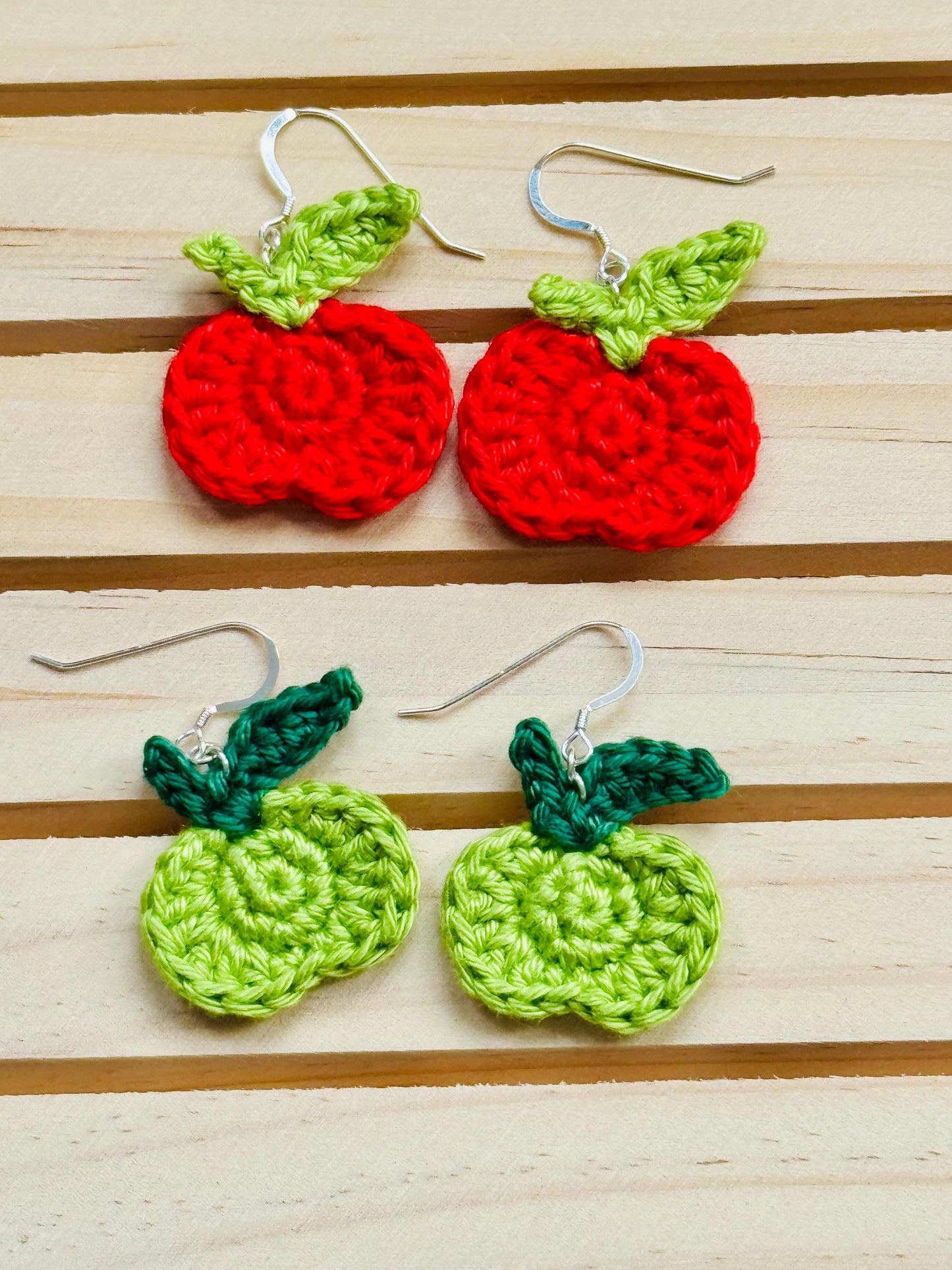 Crochet Apple Earrings - sterling silver hooks