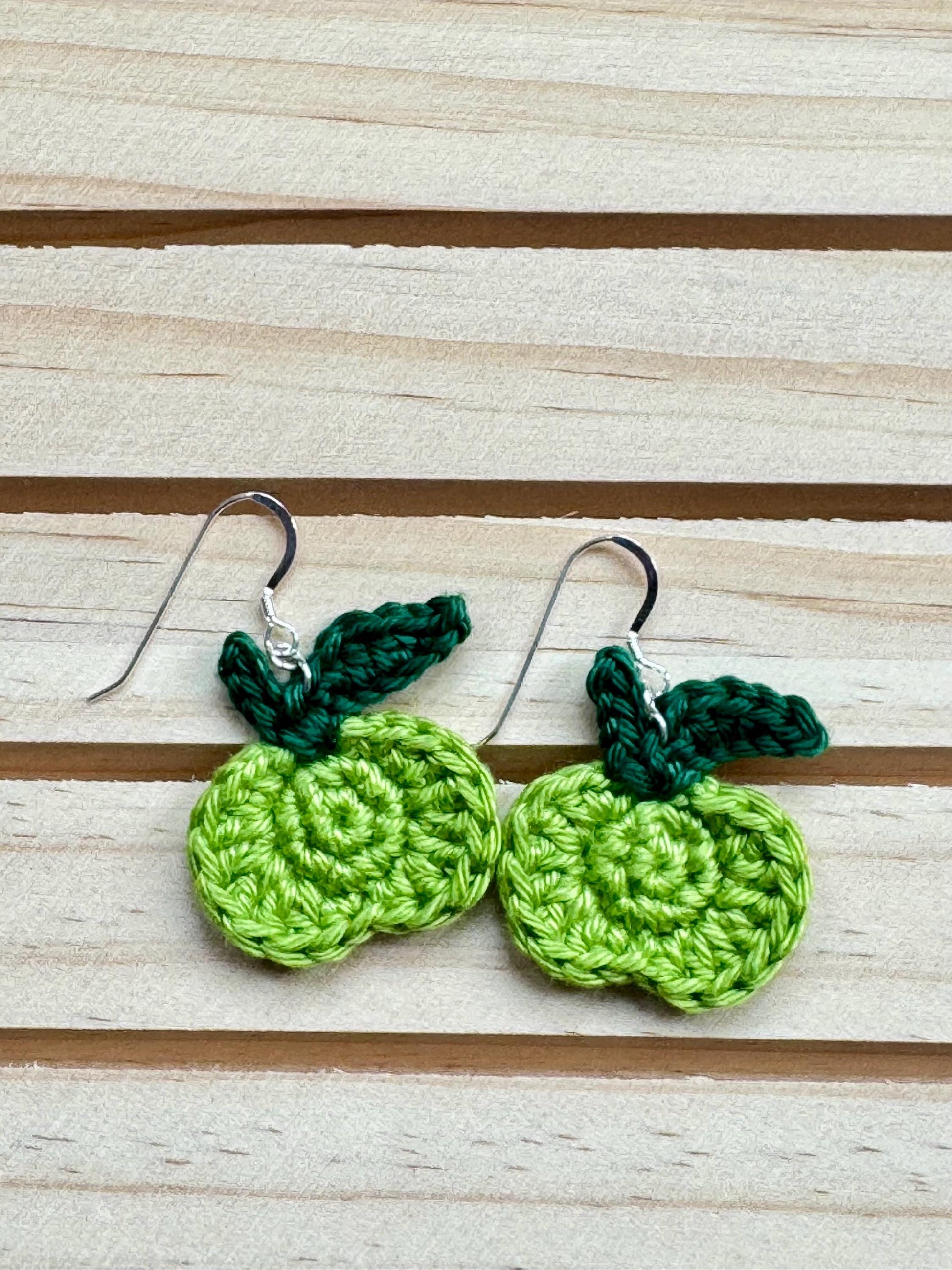 Crochet Apple Earrings - sterling silver hooks