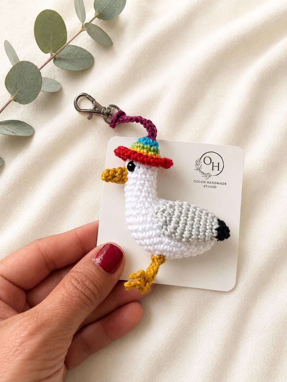 Crochet Brighton Seagull Keychain, Rainbow Hat Amigurumi Bird Bag Charm __etsy:8133665861