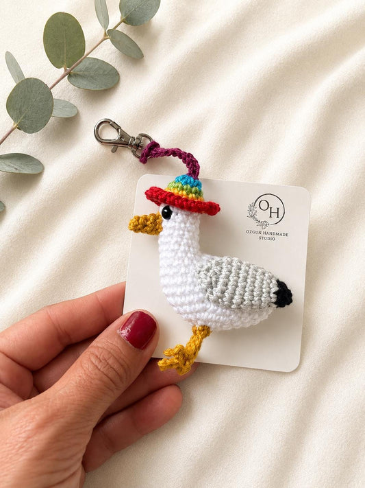 Crochet Brighton Seagull Keychain, Rainbow Hat Amigurumi Bird Bag Charm __etsy:8133665861
