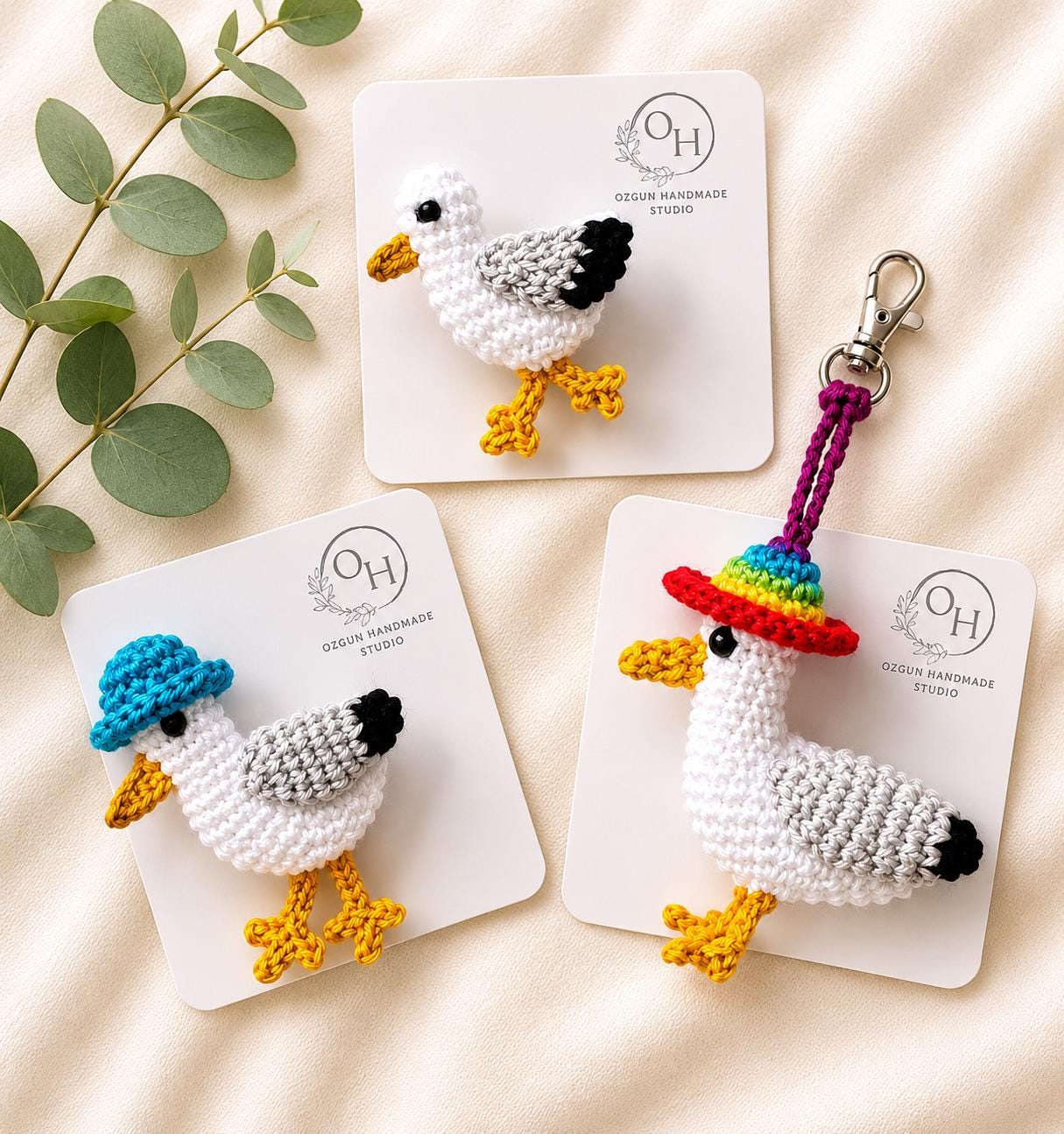 Crochet Brighton Seagull Keychain, Rainbow Hat Amigurumi Bird Bag Charm __etsy:8133665851