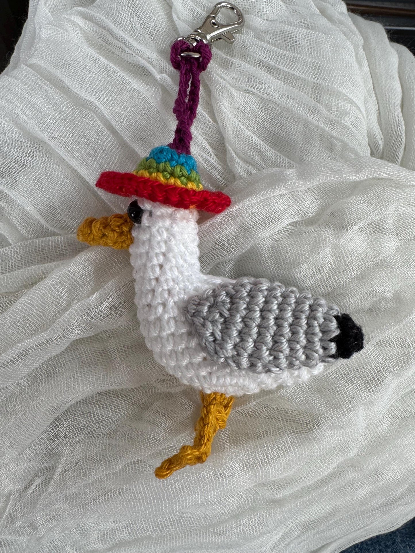 Crochet Brighton Seagull Keychain, Rainbow Hat Amigurumi Bird Bag Charm __etsy:8007787654
