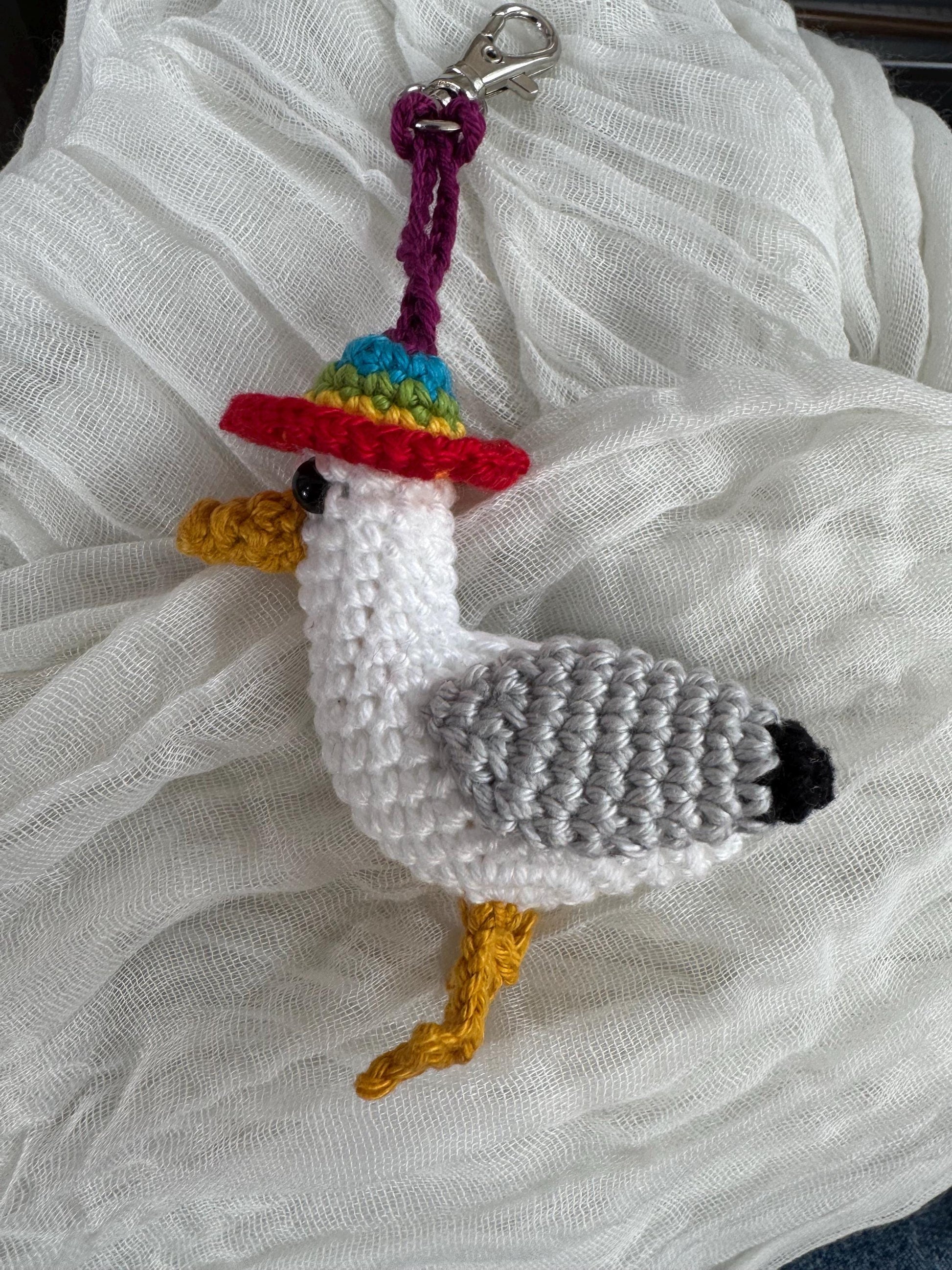 Crochet Brighton Seagull Keychain, Rainbow Hat Amigurumi Bird Bag Charm __etsy:8007787654