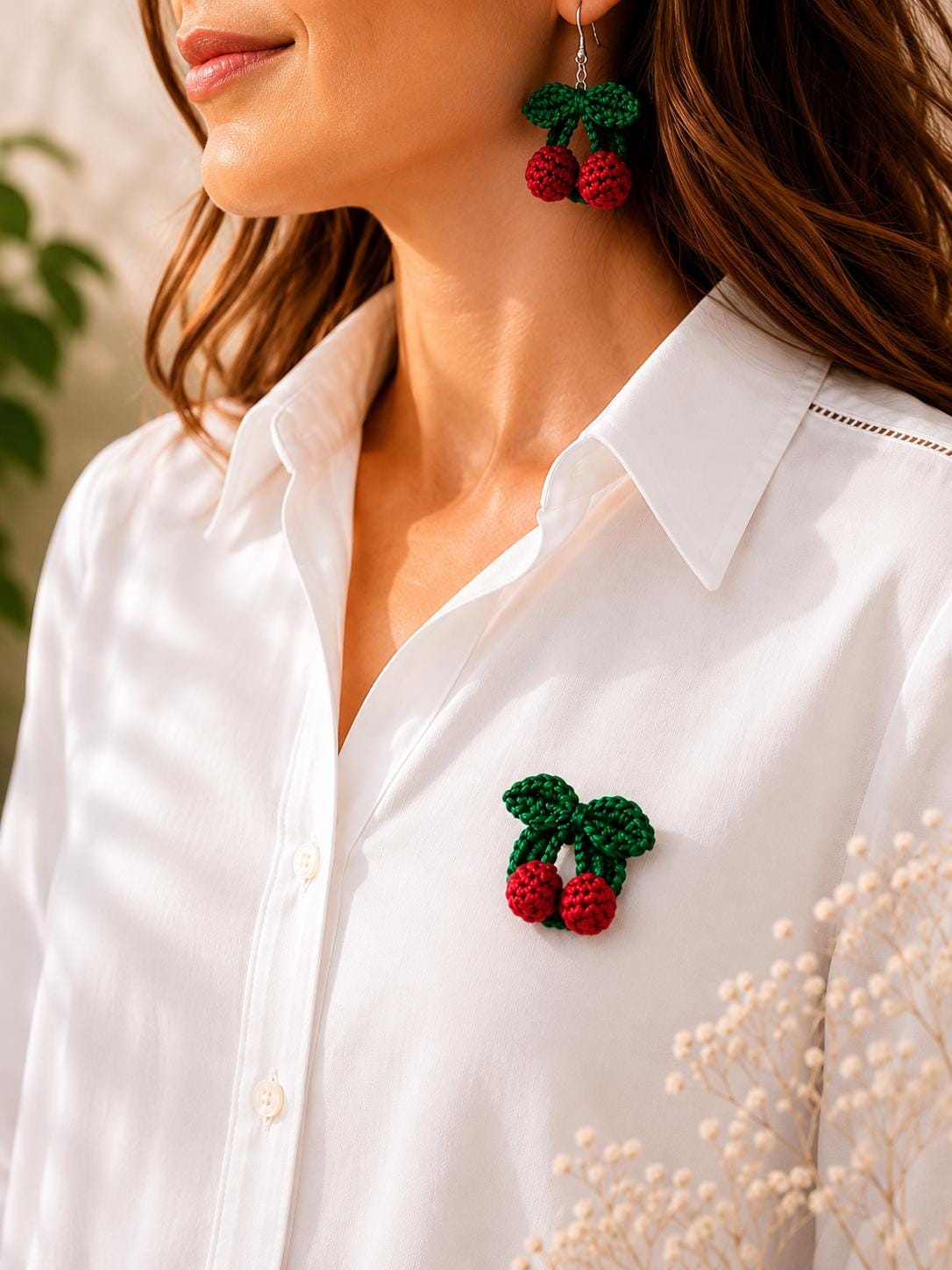 Crochet Cherry Brooch, Glasses Holder, Cherry Gift Set, Handmade Fruit Pin __etsy:8063106490
