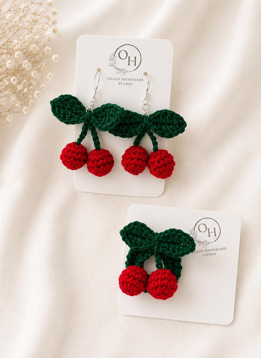 Crochet Cherry Brooch, Glasses Holder, Cherry Gift Set, Handmade Fruit Pin __etsy:8111032521