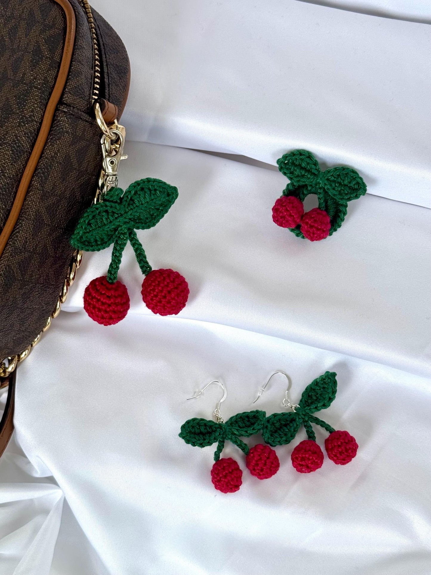 Crochet Cherry Brooch, Glasses Holder, Cherry Gift Set, Handmade Fruit Pin __etsy:7897762926