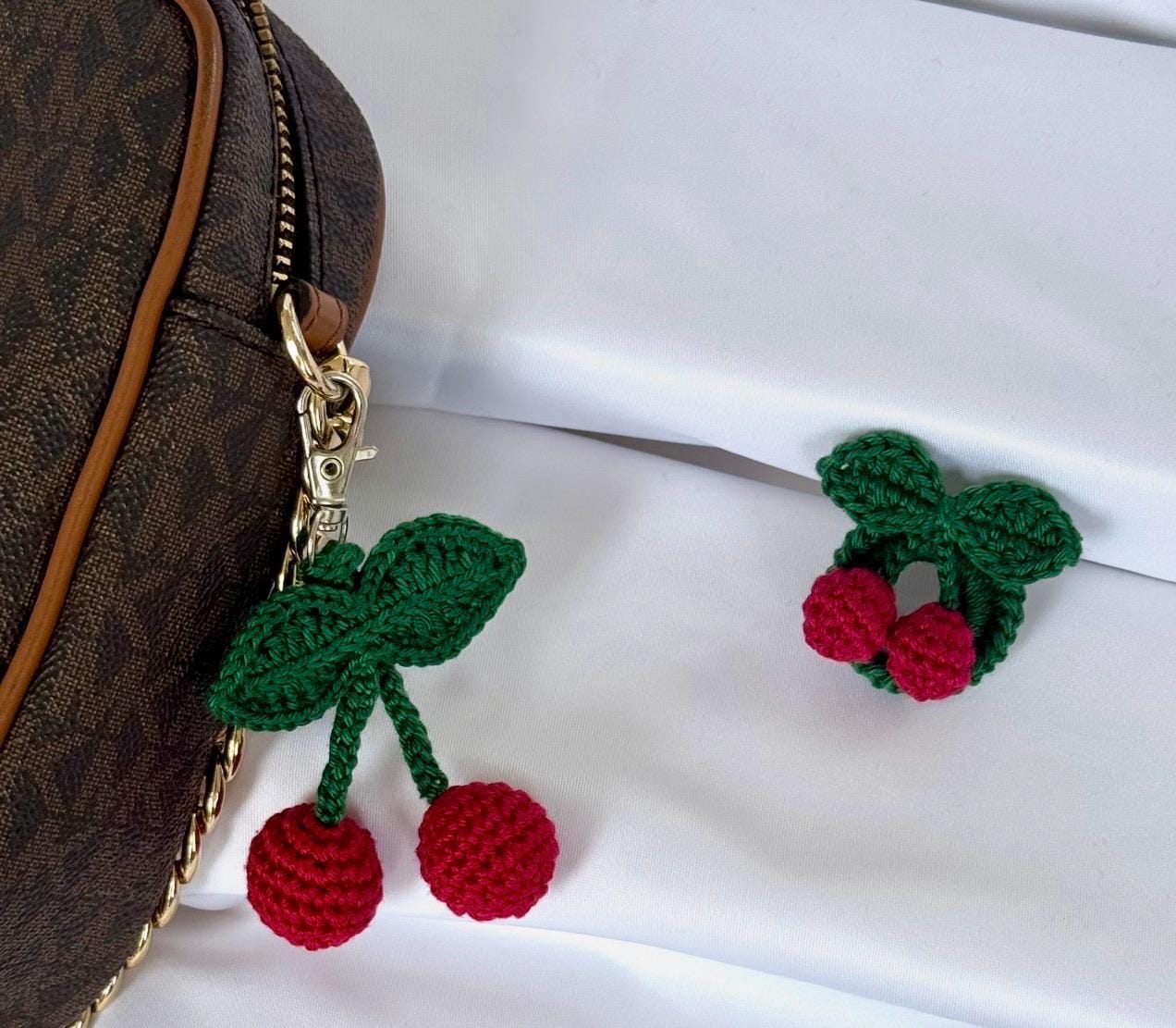 Crochet Cherry Brooch, Glasses Holder, Cherry Gift Set, Handmade Fruit Pin __etsy:7983029141