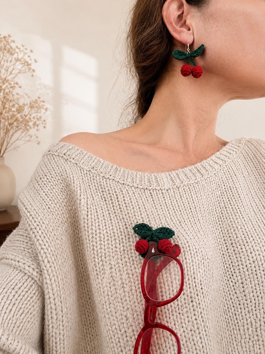 Crochet Cherry Earrings, Sterling Silver Hooks, Fruit Jewelry, Glasses Holder Set __etsy:8063101858