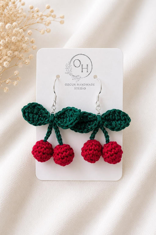 Crochet Cherry Earrings, Sterling Silver Hooks, Fruit Jewelry, Glasses Holder Set __etsy:8054255186