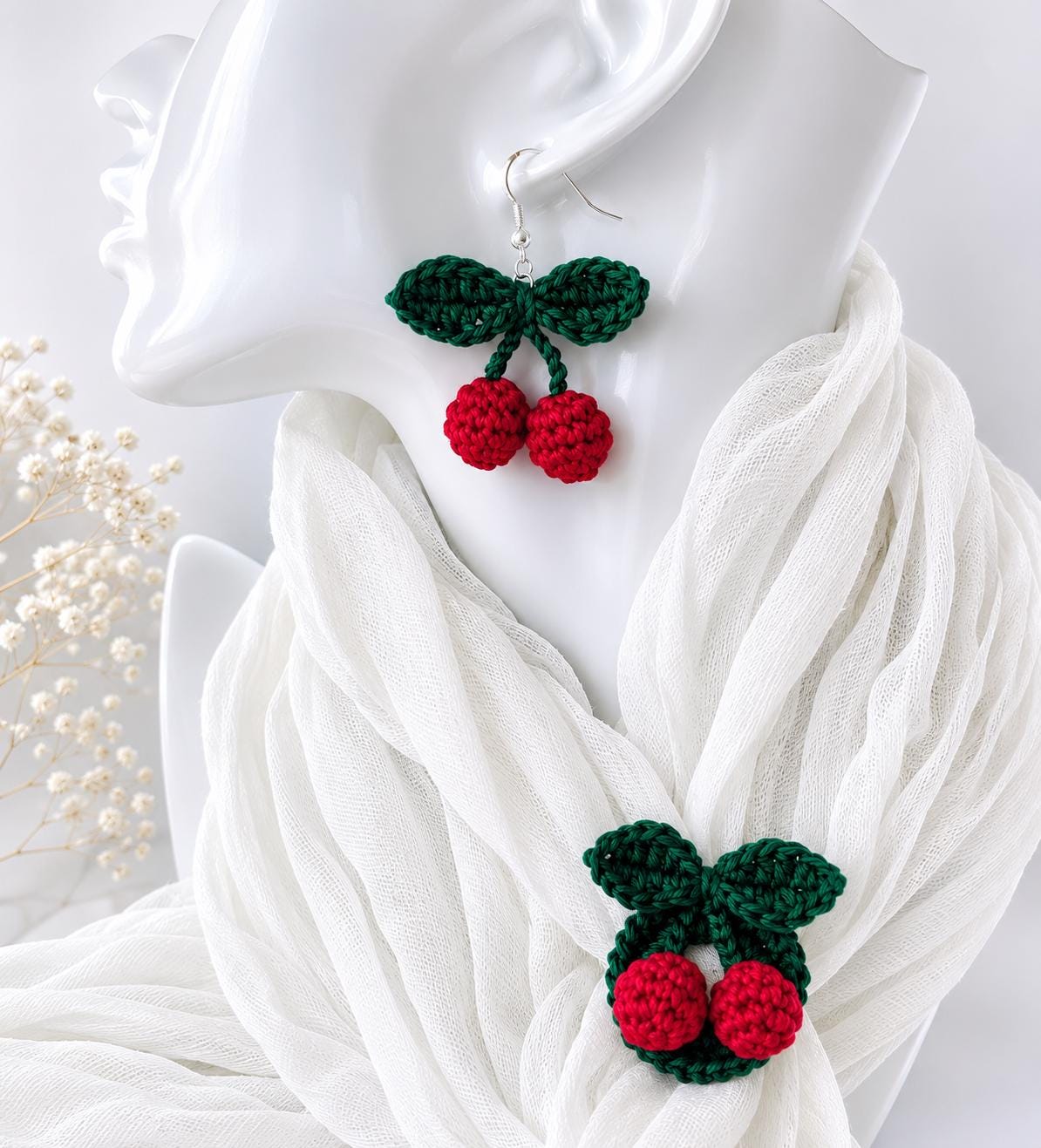 Crochet Cherry Earrings, Sterling Silver Hooks, Fruit Jewelry, Glasses Holder Set __etsy:8054275016