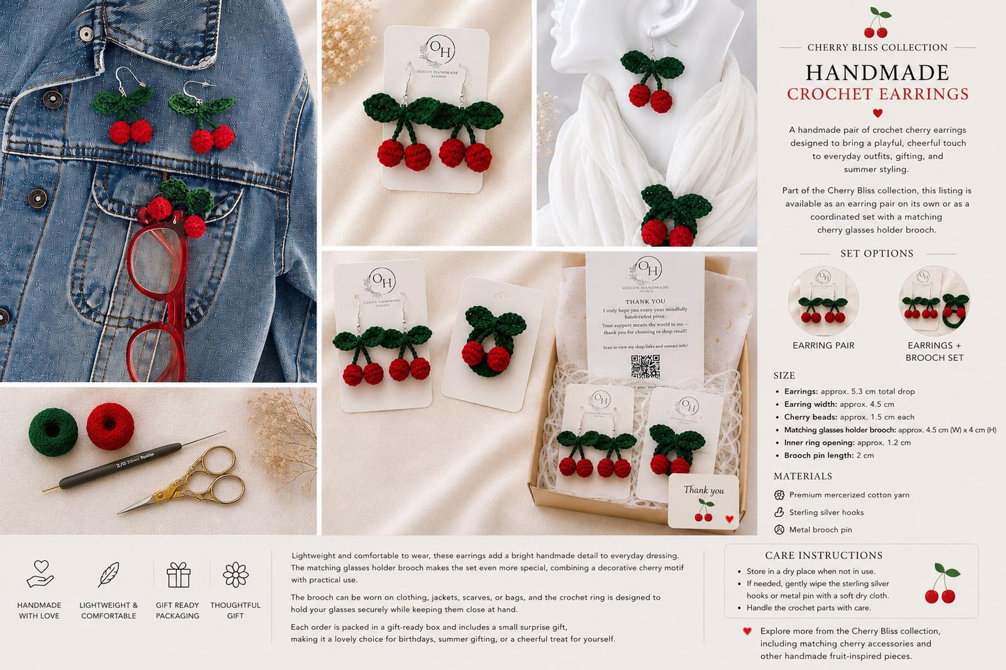 Crochet Cherry Earrings, Sterling Silver Hooks, Fruit Jewelry, Glasses Holder Set __etsy:8102272879