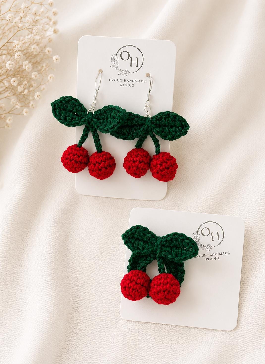 Crochet Cherry Earrings, Sterling Silver Hooks, Fruit Jewelry, Glasses Holder Set __etsy:8054288126
