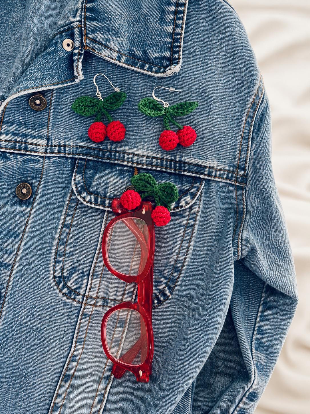 Crochet Cherry Earrings, Sterling Silver Hooks, Fruit Jewelry, Glasses Holder Set __etsy:8054296834