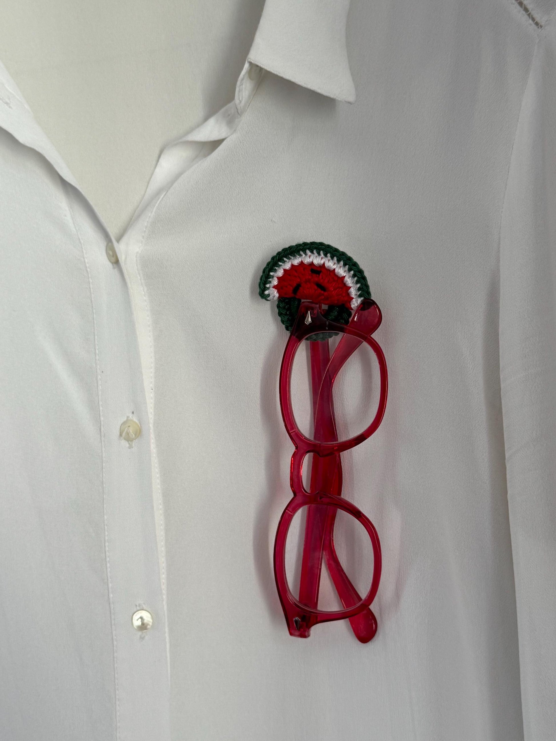 Crochet Cherry Glasses Holder Brooch, Handmade Eyeglass Pin Accessory, Mercerized Cotton Yarn