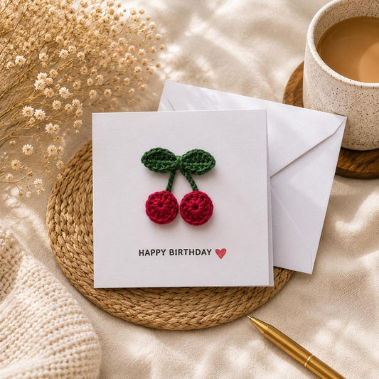 Crochet Cherry Greeting Card with Removable Magnet, Handmade Fruit Keepsake Gift __etsy:8152689643