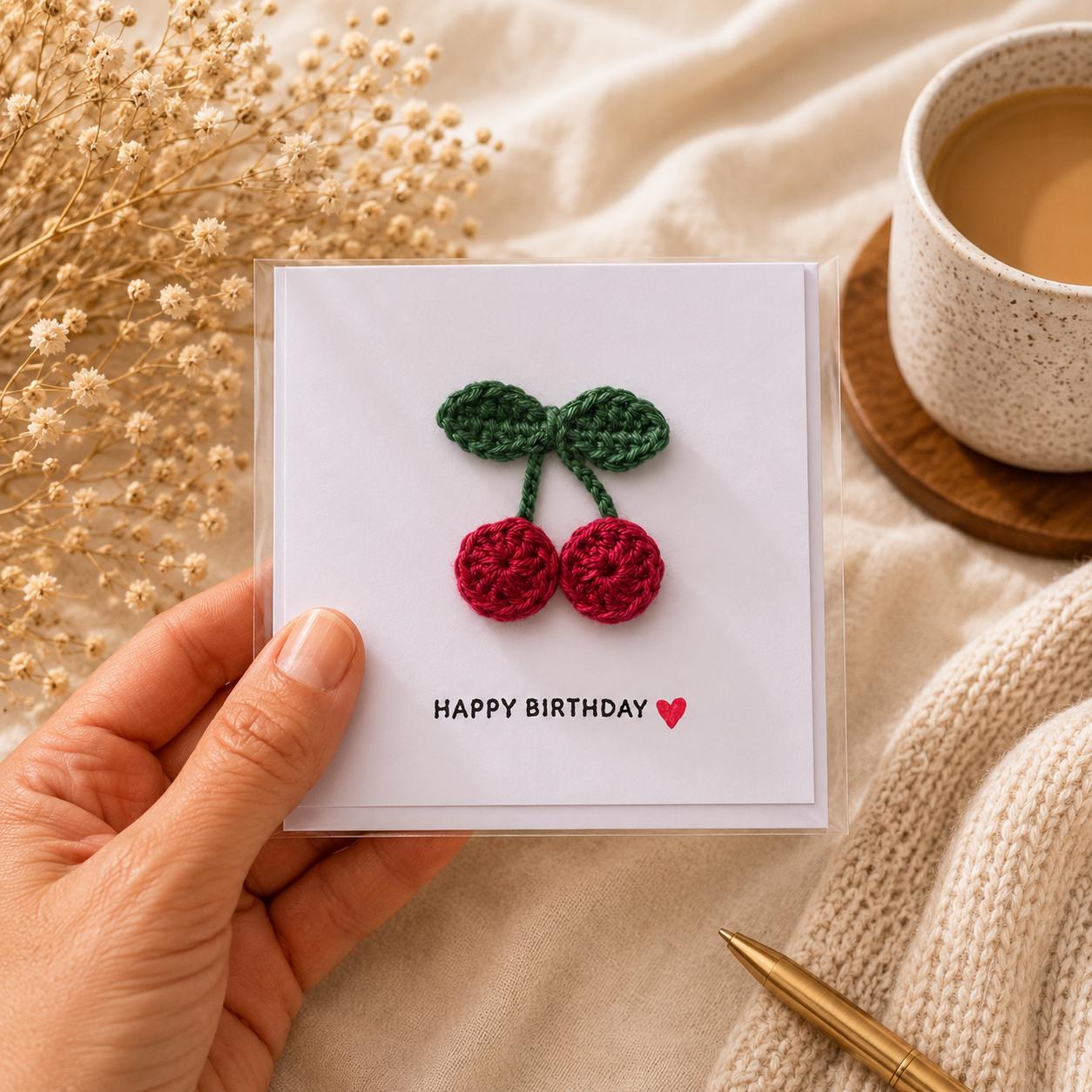 Crochet Cherry Greeting Card with Removable Magnet, Handmade Fruit Keepsake Gift __etsy:8152689611