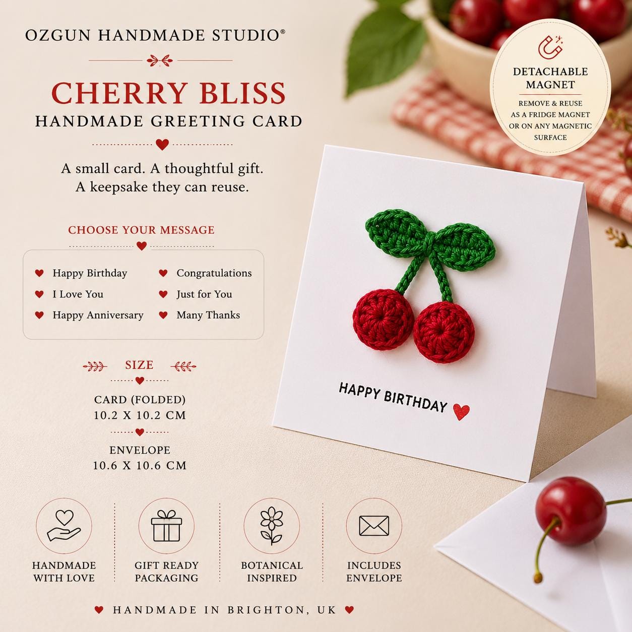 Crochet Cherry Greeting Card with Removable Magnet, Handmade Fruit Keepsake Gift __etsy:8101403935