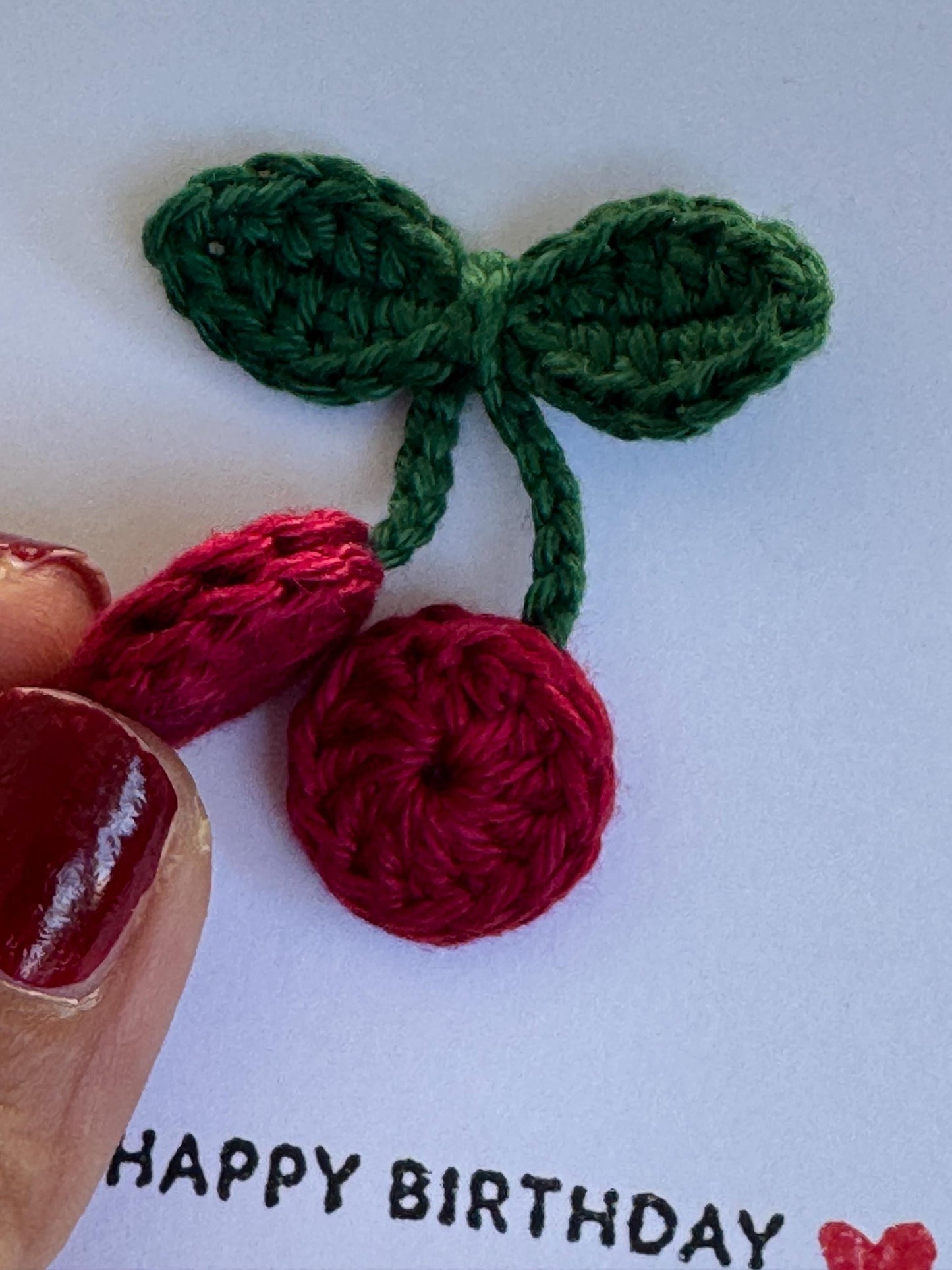 Crochet Cherry Greeting Card with Removable Magnet, Handmade Fruit Keepsake Gift __etsy:7948139844