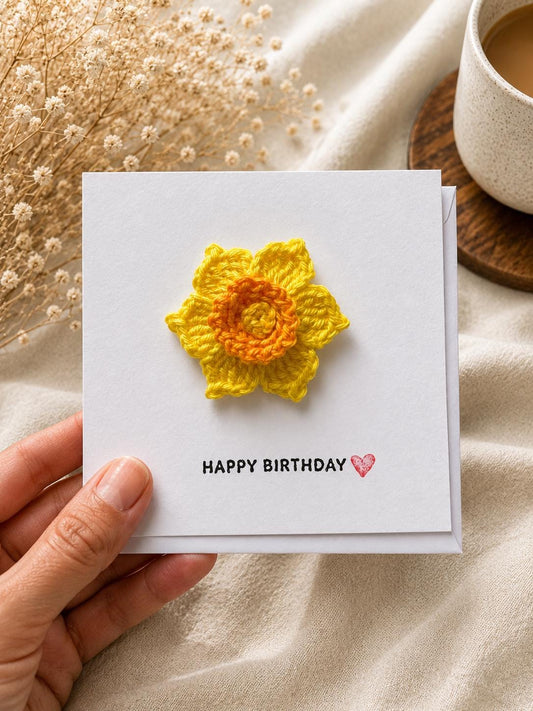 Crochet Daffodil Card with Removable Keepsake Magnet, Handmade Floral Greeting Gift __etsy:8152829497