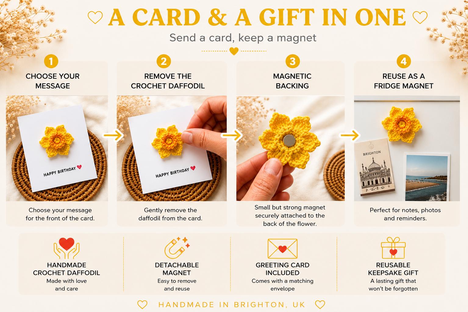 Crochet Daffodil Card with Removable Keepsake Magnet, Handmade Floral Greeting Gift __etsy:8105013110
