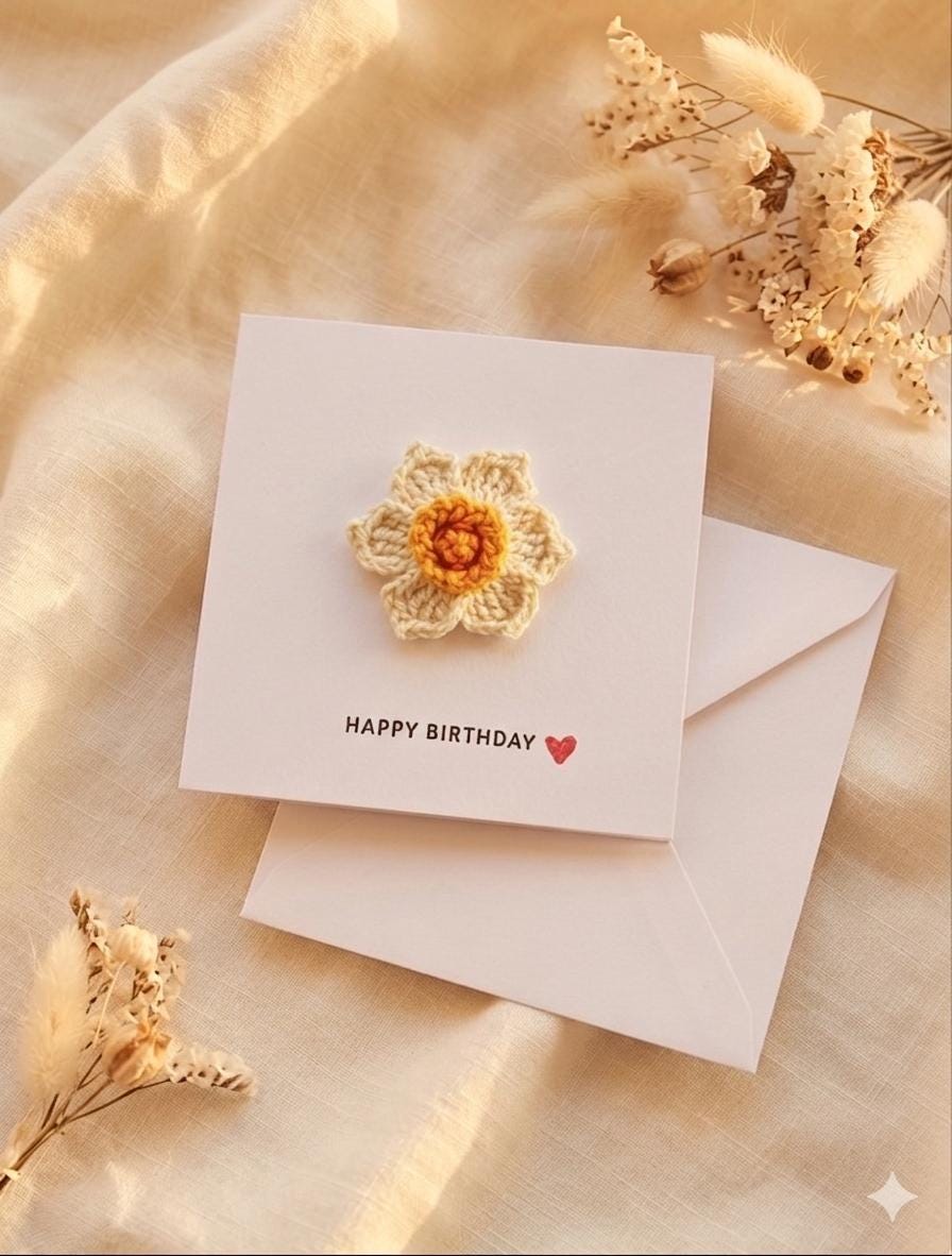 Crochet Daffodil Card with Removable Keepsake Magnet, Handmade Floral Greeting Gift __etsy:8127051063