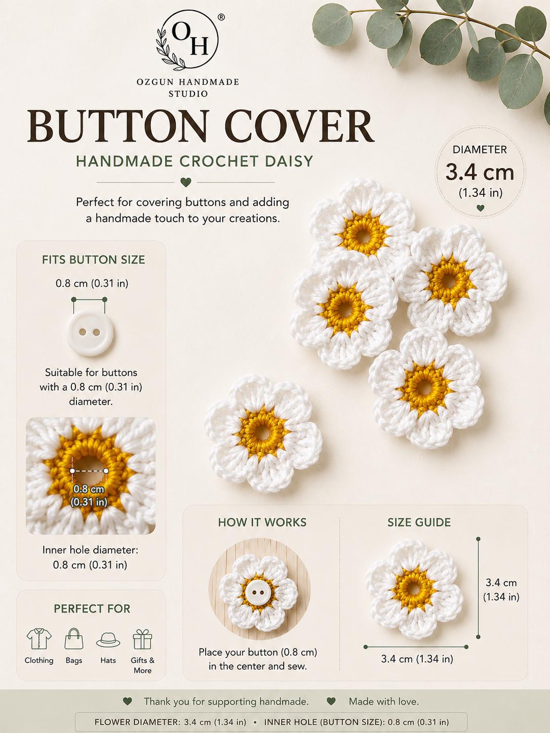 Crochet Daisy Button Covers, Removable Floral Shirt Buttons, Handmade Clothing Accessory __etsy:8141756925
