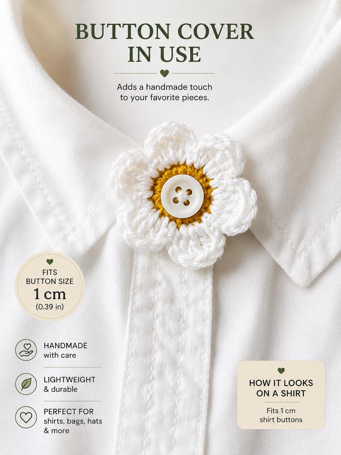 Crochet Daisy Button Covers, Removable Floral Shirt Buttons, Handmade Clothing Accessory __etsy:8141756953