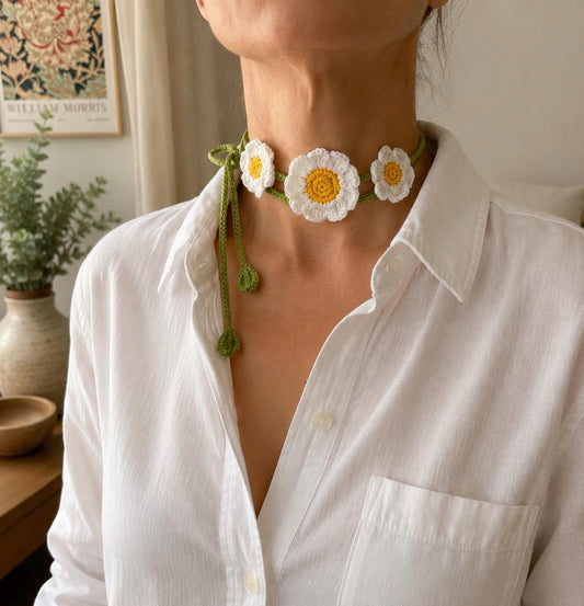 Crochet Daisy Choker, Botanical Tie Necklace, Cottagecore Floral Accessory __etsy:8145202515
